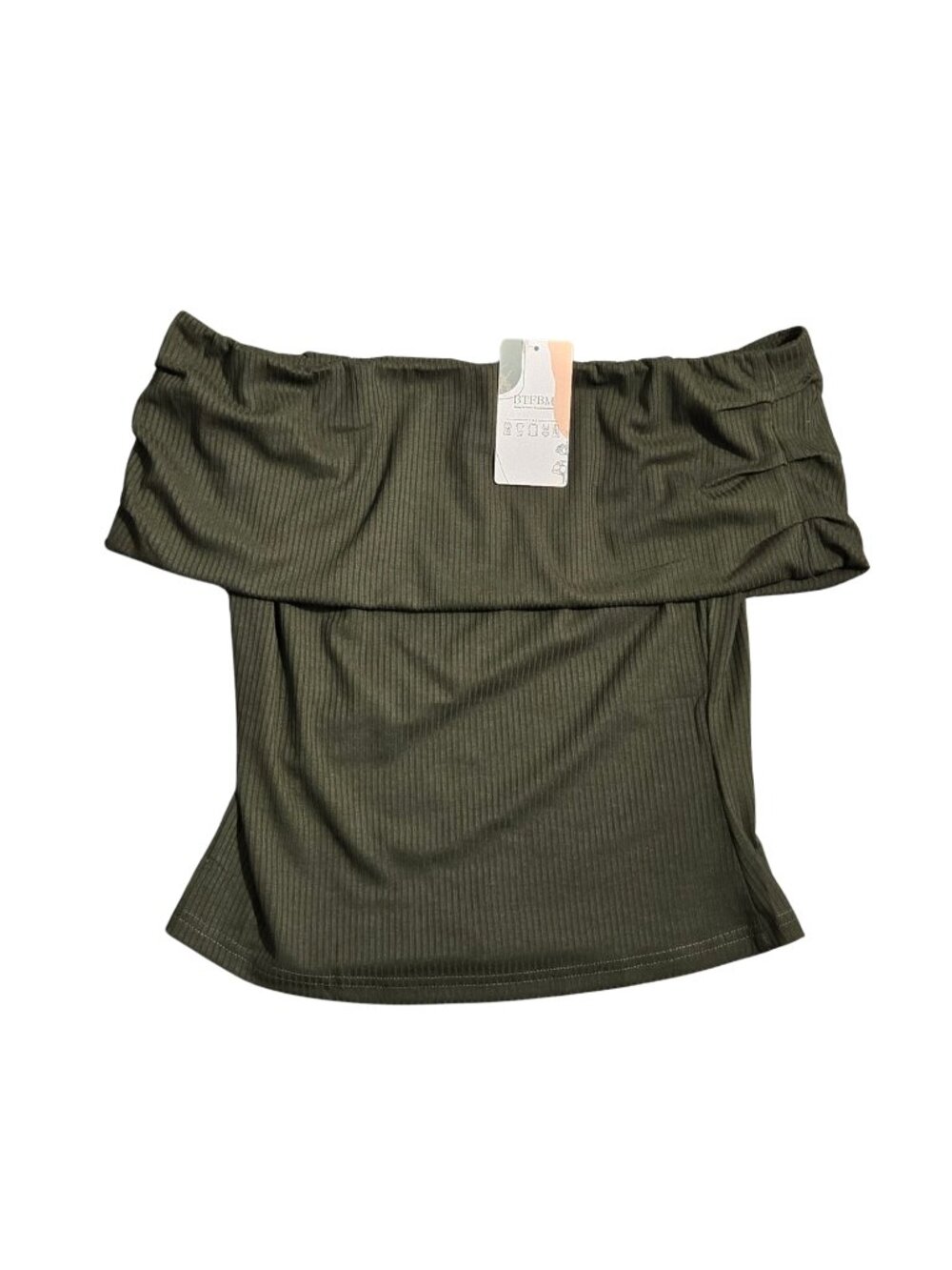NWT | Off-The-Shoulder Top | Rib-Knit | Folded Bardot Neckline | Green | M